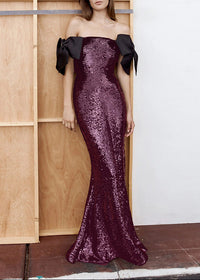 Ediva Bow Detail Bardot Sequin Maxi Dress In Brown