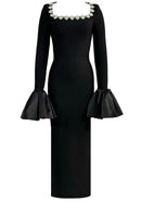 Vyxaria Long Sleeve Crystal Neckline Maxi Dress In Black