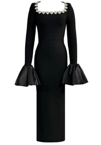 Vyxaria Long Sleeve Crystal Neckline Maxi Dress In Black