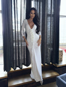 Syvrix V Neck 3D Floral Draped Maxi Dress In White