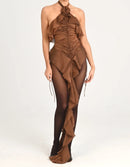 Gaelara Halter Floral Ruffle Ruched Dress In Brown