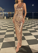 Celena One Shoulder Sequin Asymmetric Maxi Dress In Gold
