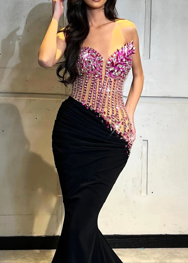 Roger Strapless Crystal Corset Maxi Velvet Dress In Hot Pink Black