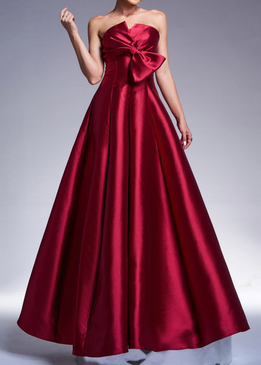 Christena Bow Satin Maxi Dress In Burgundy