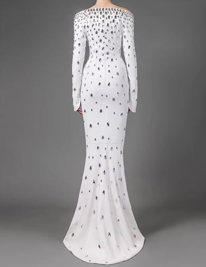 Bethel Long Sleeve Crystal A Line Maxi Dress In White