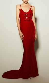Morris Bow-Embellished Velvet Gown In Red