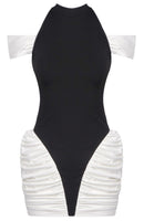 Haeris Cold Shoulder Ruched Mini Dress In Black White