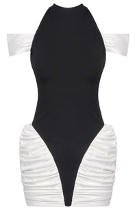 Haeris Cold Shoulder Ruched Mini Dress In Black White