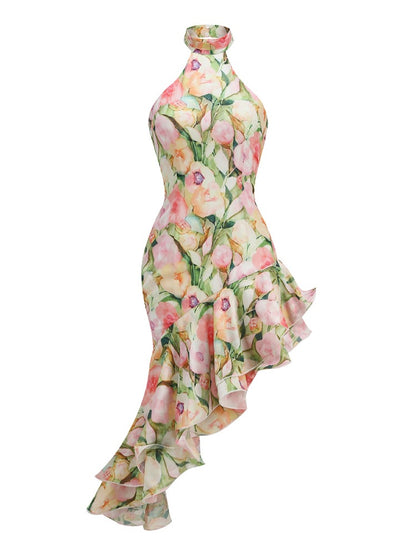 Isidore Asymmetric Floral Halter Midi Dress In Pink Green