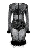 Vince Rhinestone Embellished Feather Trim Midi Dress In Black