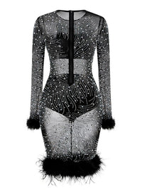 Vince Rhinestone Embellished Feather Trim Midi Dress In Black