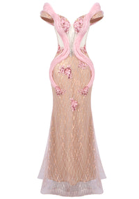 Coralie Floral Sequin Maxi Dress In Nude Pink