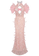 Kalene Halter Crystal Sequin Feather Maxi Dress In Pink