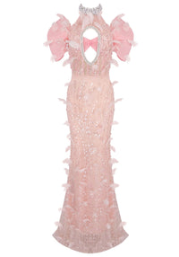 Kalene Halter Crystal Sequin Feather Maxi Dress In Pink