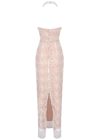 Cyvra Halter Pearl Maxi Dress In Nude