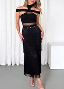 Alcmene Halterneck Bandage Fringe Midi Dress