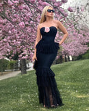 Clora Halter Floral Lace Ruffle Maxi Dress In Black