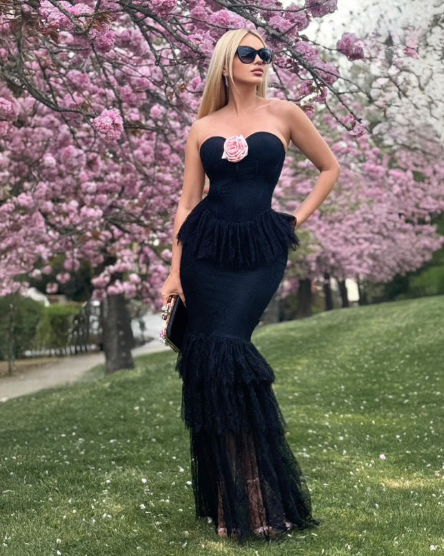 Clora Halter Floral Lace Ruffle Maxi Dress In Black