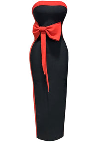 Rawiya Strapless Bow Detail Maxi Dress In Black Red