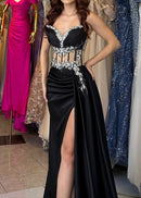 Eliette Strapless Crystal Floral Corset Maxi Velvet Dress In Black