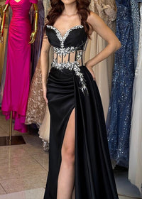 Eliette Strapless Crystal Floral Corset Maxi Velvet Dress In Black