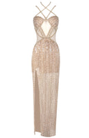 Palti Halter Sequin Bustier Maxi Dress In Gold