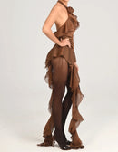 Gaelara Halter Floral Ruffle Ruched Dress In Brown