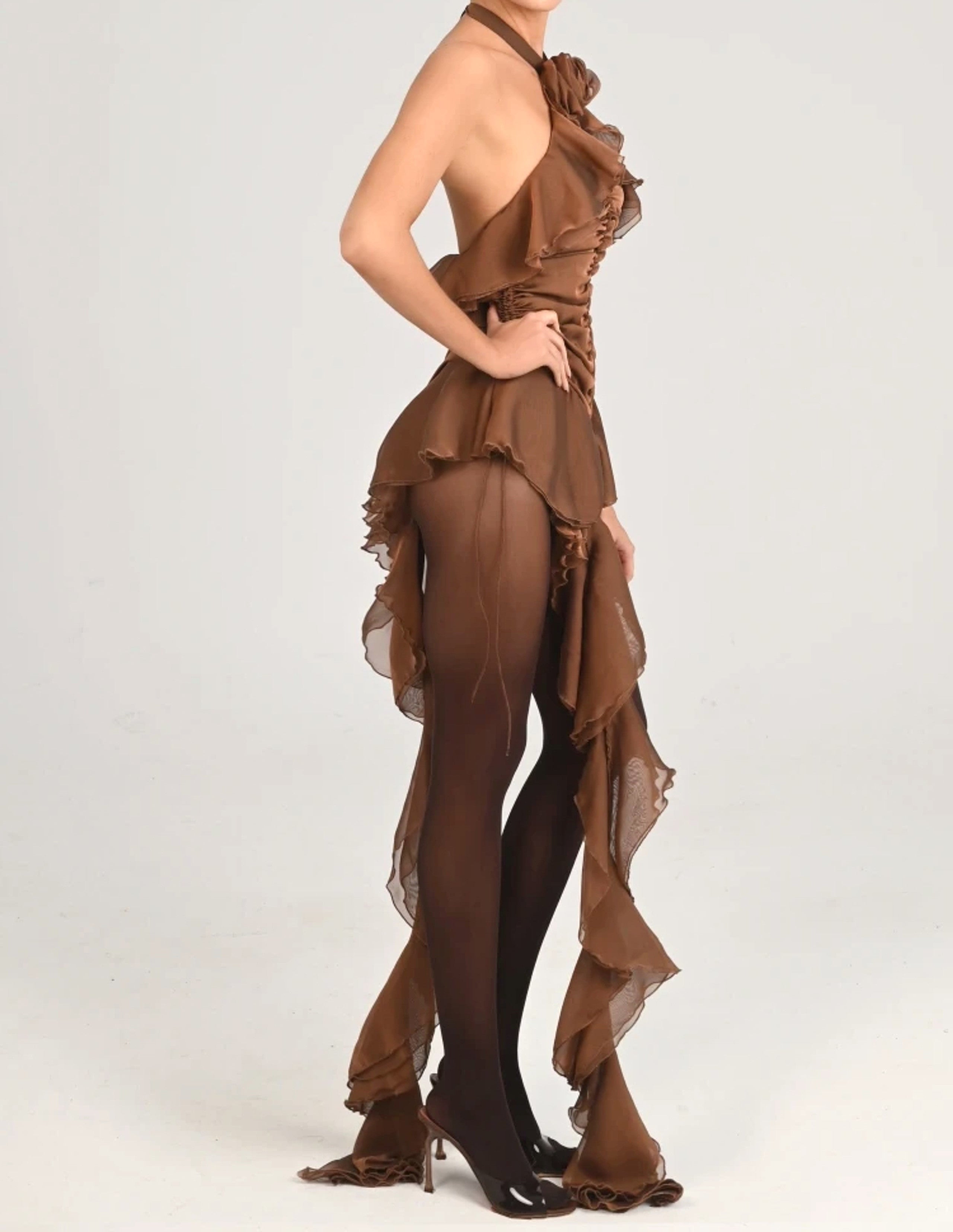 Gaelara Halter Floral Ruffle Ruched Dress In Brown