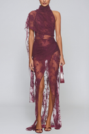 Mylen Asymmetrical Mesh Lace Maxi Dress