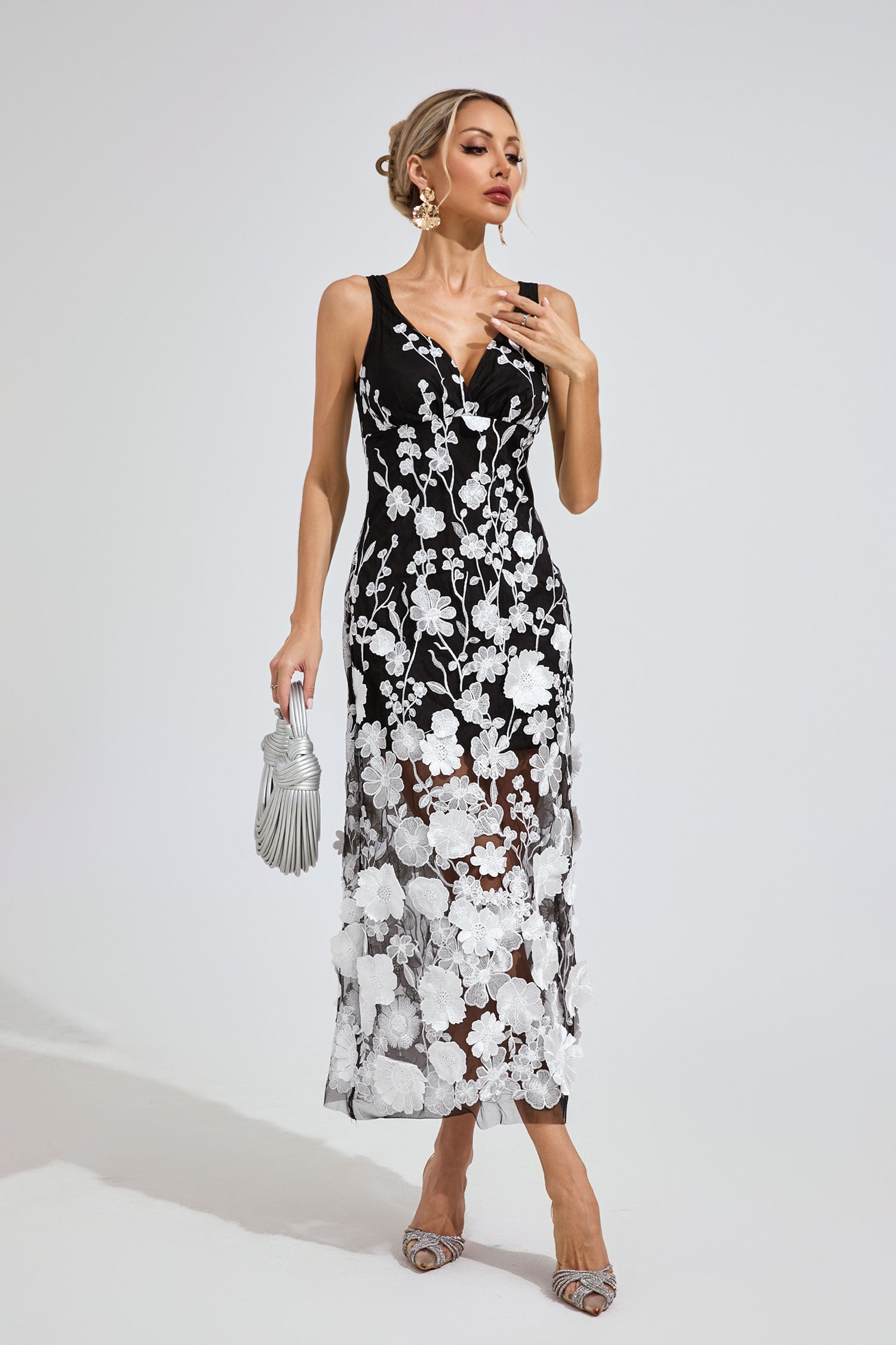 Plythar Ture Black Mesh Print Floral Dress