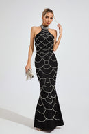 Malati Pearl Halter Bandage Maxi Dress In Black
