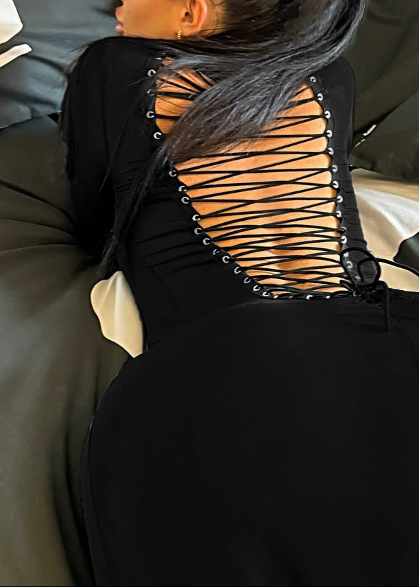 Cherine Long Sleeve Lace Up Cutout Mini Dress In Black