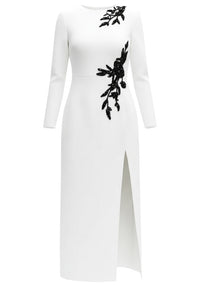 Ferdy Long Sleeve Floral Detail Maxi Dress In White