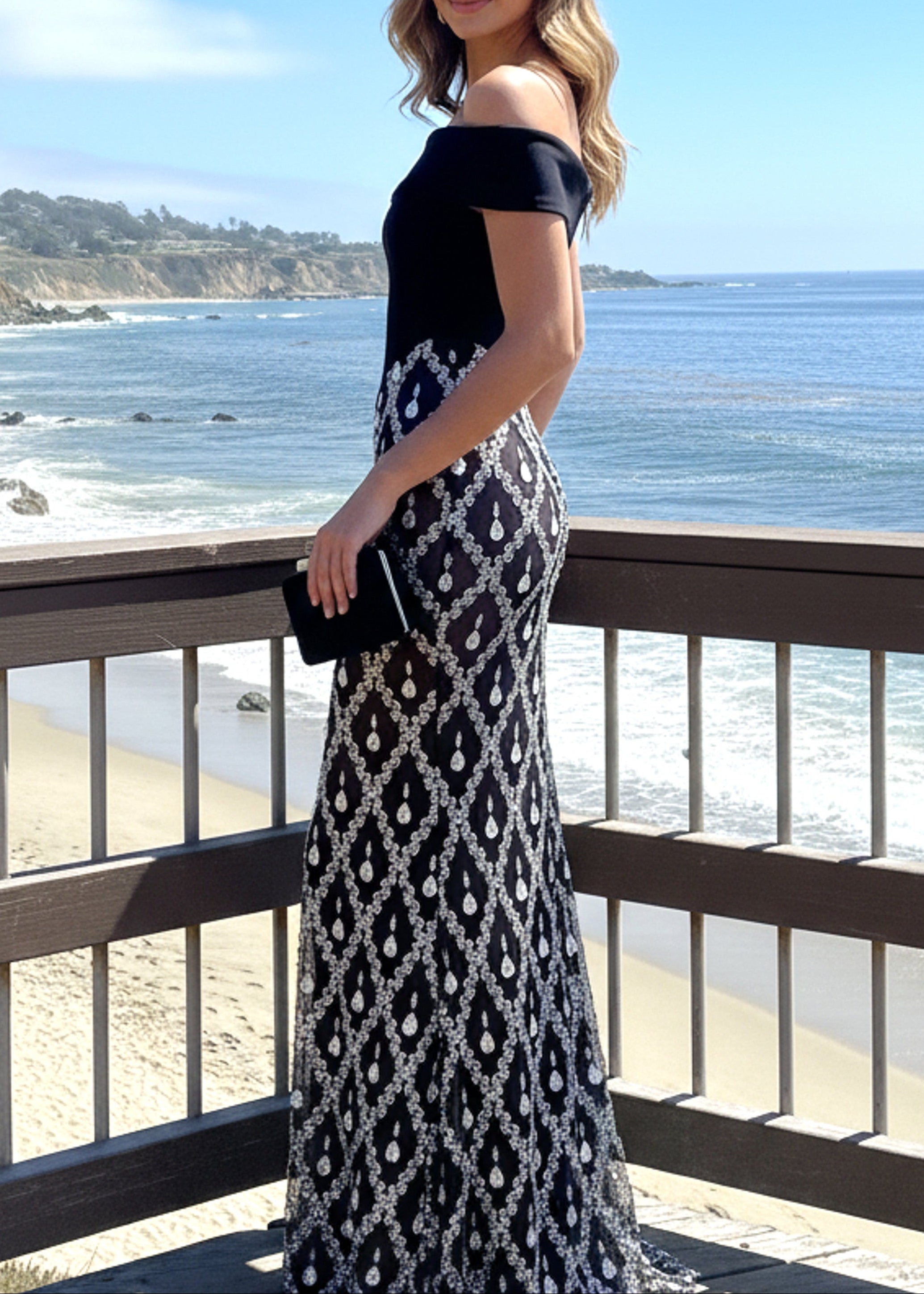 Isomorph Bardot Crystal Embellished Maxi Dress In Black – Night Novas