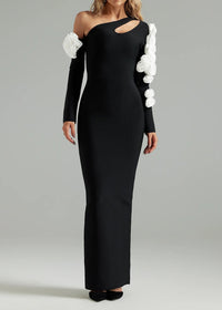 Patricia One Shoulder Flower Embellished Cutout Bandage Maxi Dress In Black