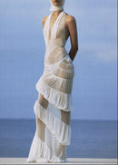 Rohak Halter Ruched Ruffle Maxi Dress In White