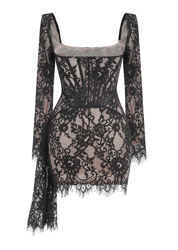 Taldrex Long Sleeve Lace Insert Corset Mini Dress In Black