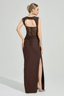 Luxyvar Lace Bustier Draped Maxi Dress In Brown