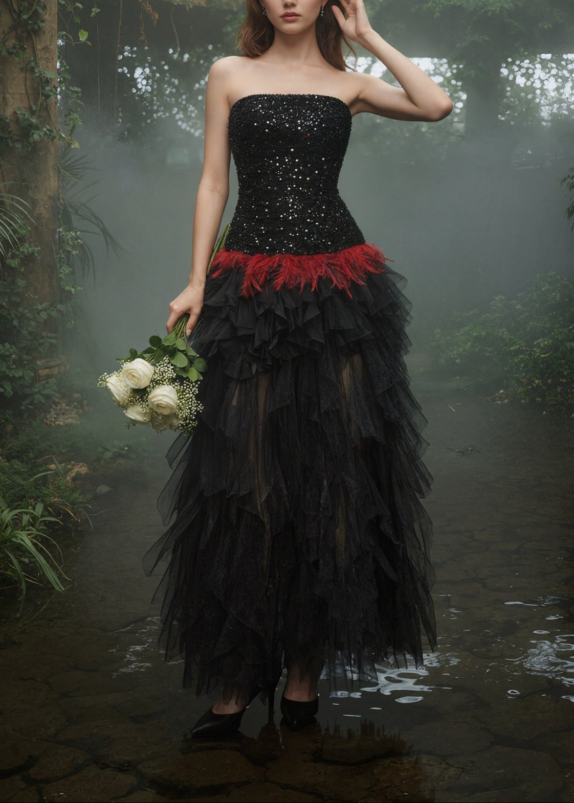 Alfhild Strapless Sequin Ruffle Maxi Dress