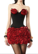 Choncey Strapless Floral Two Piece Corset Dress In Black Red