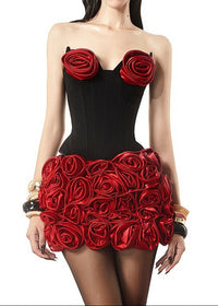 Choncey Strapless Floral Two Piece Corset Dress In Black Red