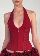 Kovriel Halter Lace Up Corset Top In Red