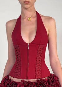 Kovriel Halter Lace Up Corset Top In Red