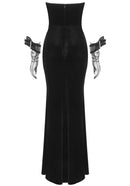 Fryxan Strapless Crystal Bustier Draped Maxi Velvet Dress In Black