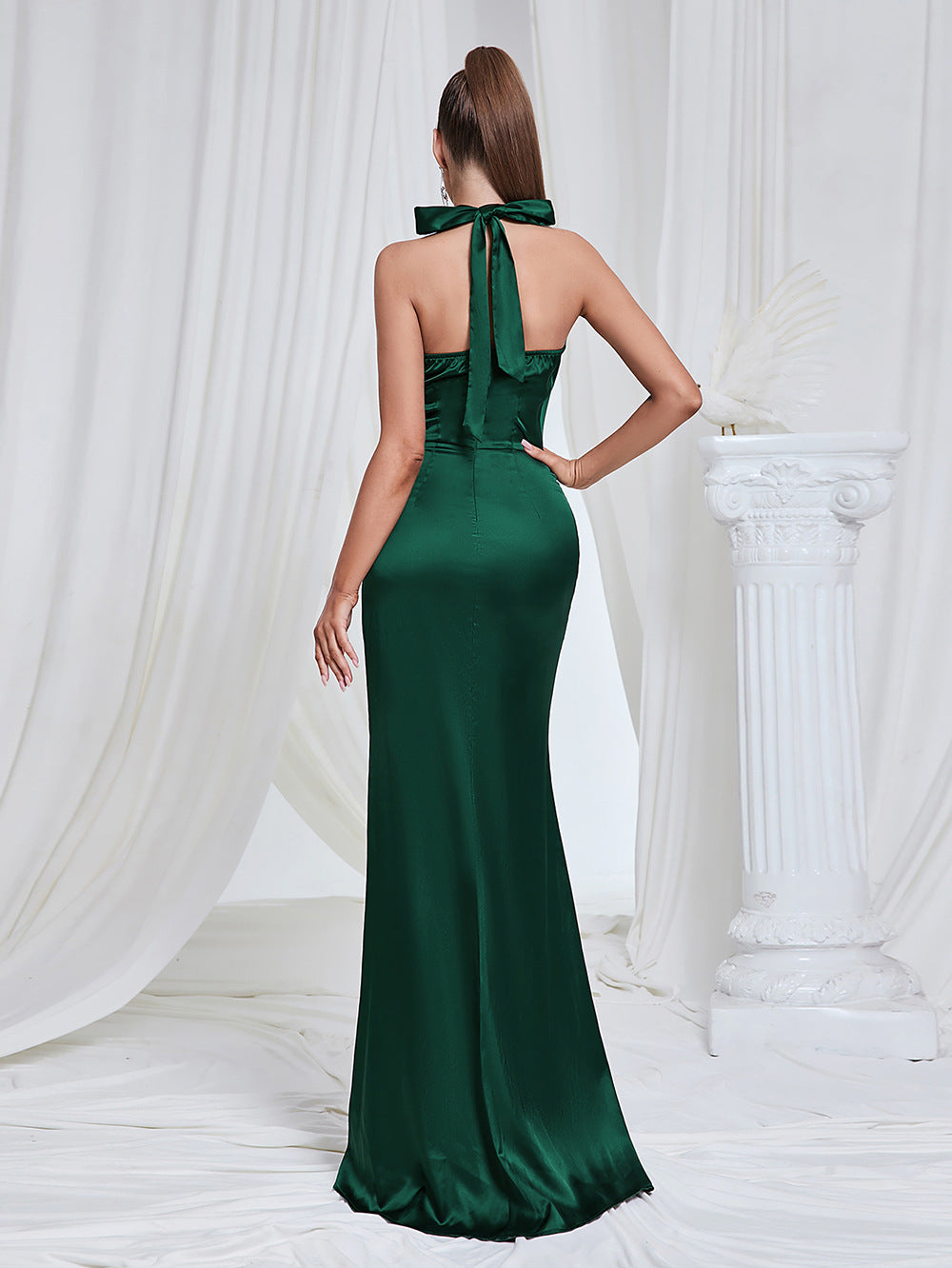 Atarah Halter Slit Satin Mermaid Maxi Dress In Green