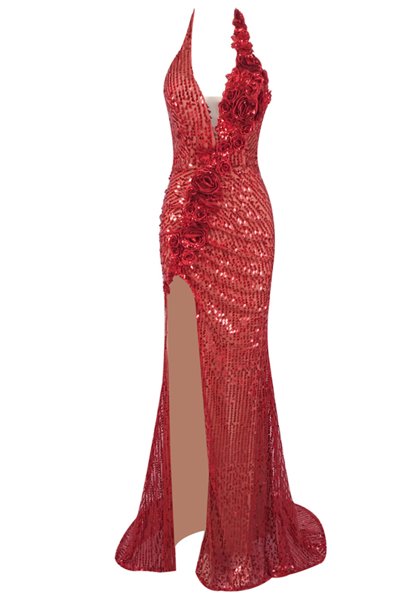 Cimberleigh Halter Floral Detail Sequin Maxi Dress In Red