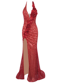 Cimberleigh Halter Floral Detail Sequin Maxi Dress In Red
