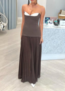 Kazra Strapless Pleated A Line Maxi Dress In Brown