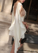 Therese White Satin Ruffled Mini Dress with Shawl Panel Detail
