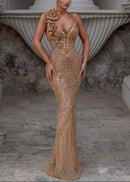 Matat Halter Floral Crystal Sequin Maxi Dress In Champagne
